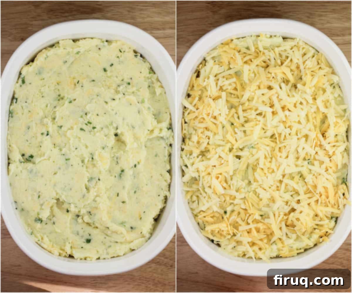 Garlicky Gruyere and Gouda Mashed Potatoes 10 collage of 2 photos: left, mashed potatoes in bake dish; right, mashed potatoes with cheese