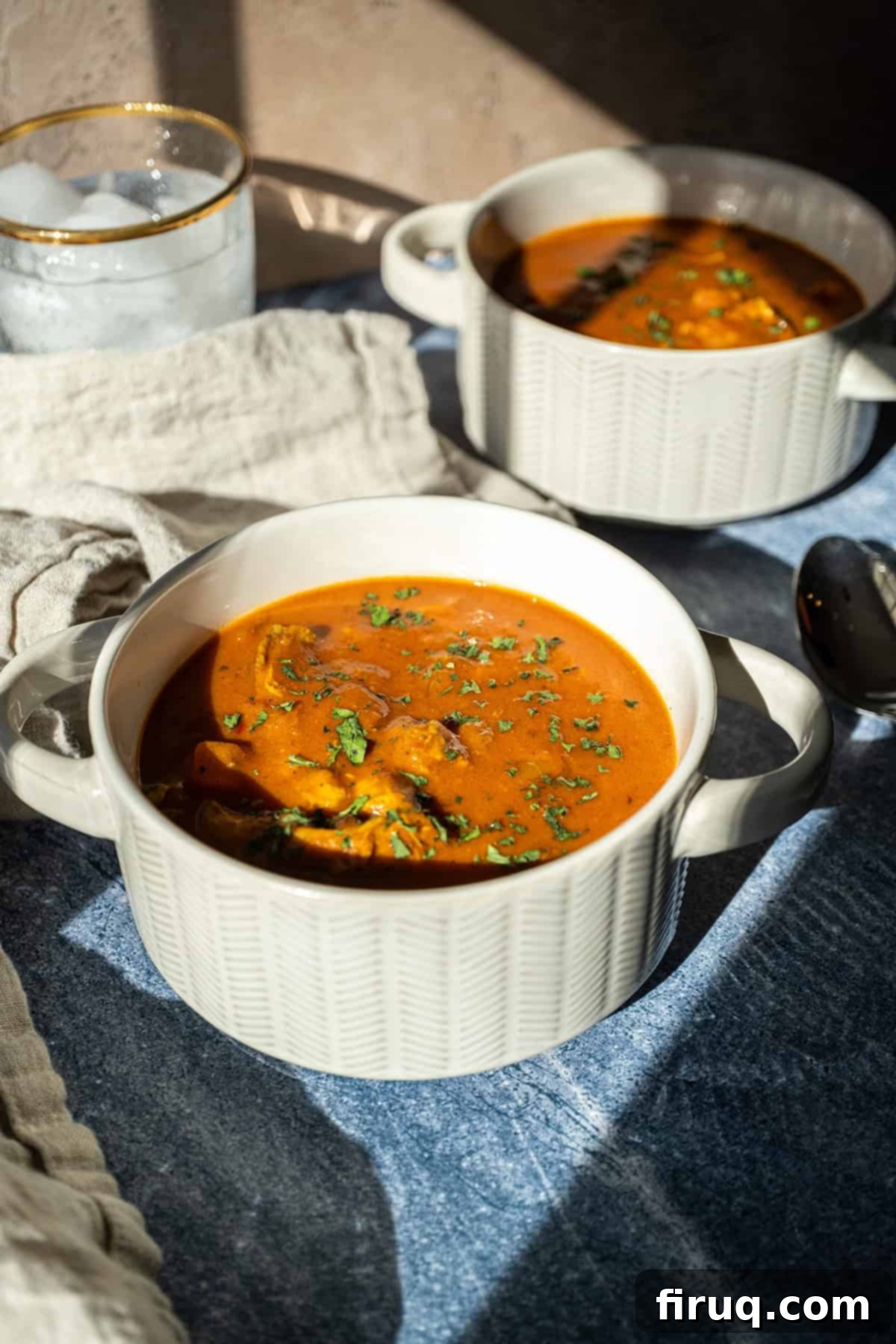 Golden Butter Chicken Comfort 2 Butter chicken soup in a bowl topped with cilantro.