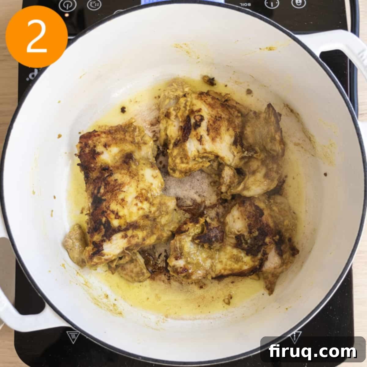 Golden Butter Chicken Comfort 6 Searing chicken thighs in dutch oven.