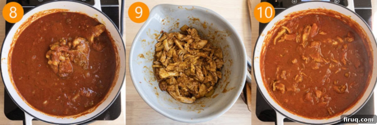 Golden Butter Chicken Comfort 9 Simmering then shredding chicken thighs and adding to the soup.