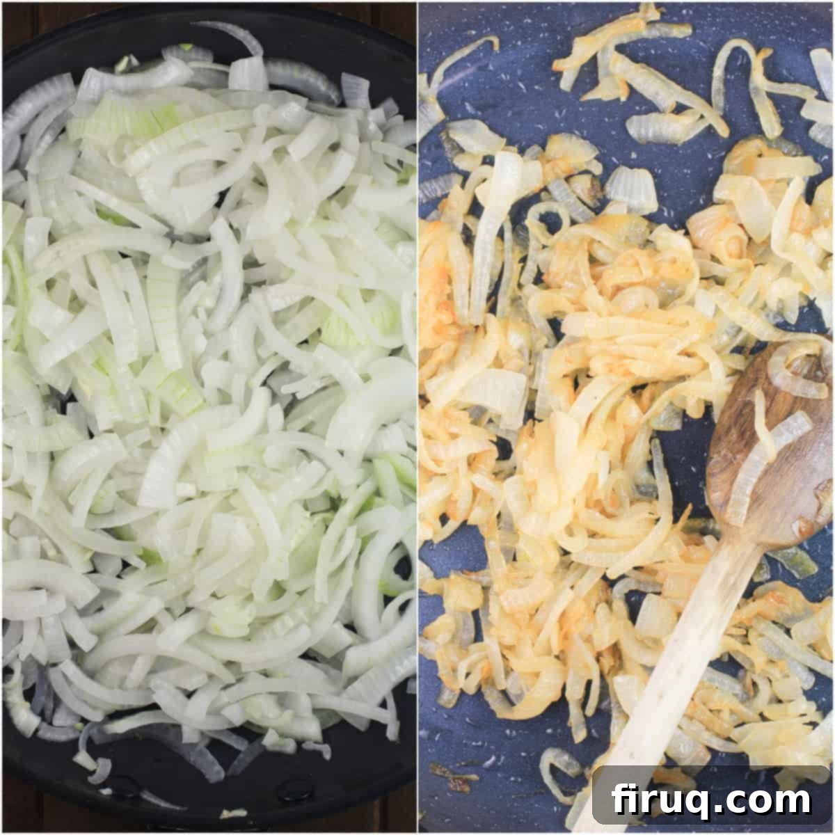 Golden Chicken Potato Crepe Parcels 5 collage of 2 photos showing uncooked and cooked caramelized onion in skillet