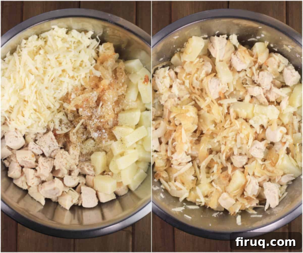 Golden Chicken Potato Crepe Parcels 6 collage of 2 photos showing crepe filling ingredients in bowl and then mixed together