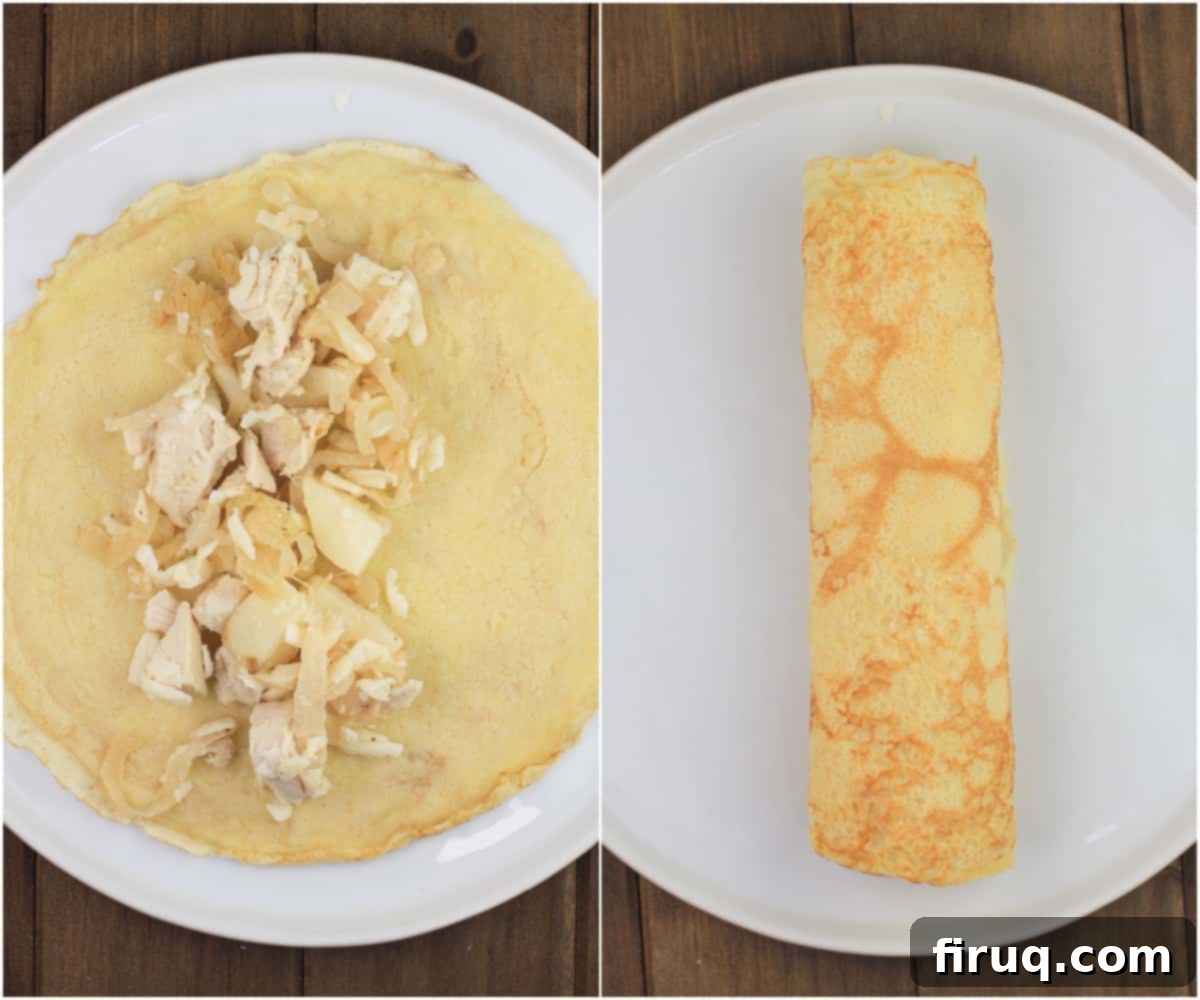 Golden Chicken Potato Crepe Parcels 7 collage of 2 photos; left, chicken and potato filling on crepe; right, crepe rolled up around filling