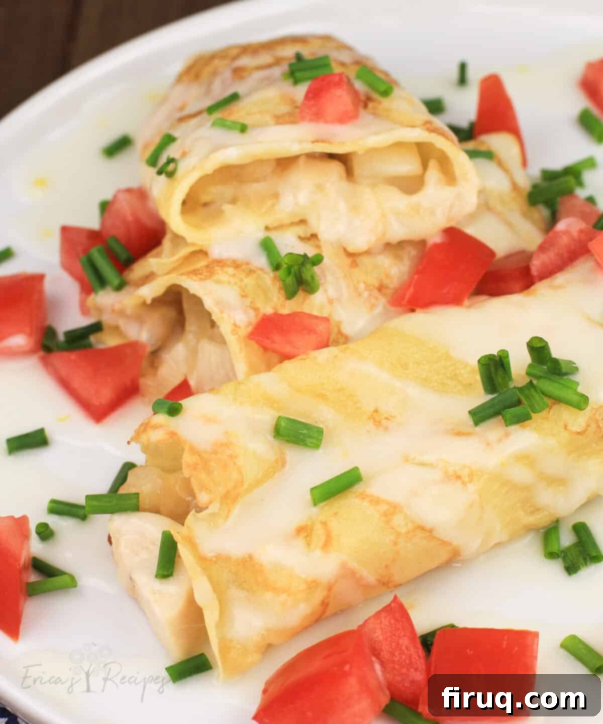 Golden Chicken Potato Crepe Parcels 9 zoomed out view of crepes on white plate