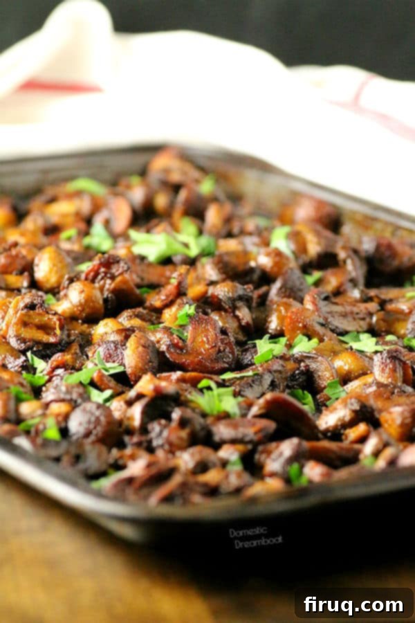 Versatile Garlic Roasted Mushrooms Close-up of savory Garlic Roasted Mushrooms, ideal for salads, meats, or toast - Vegan, Gluten-free, Keto