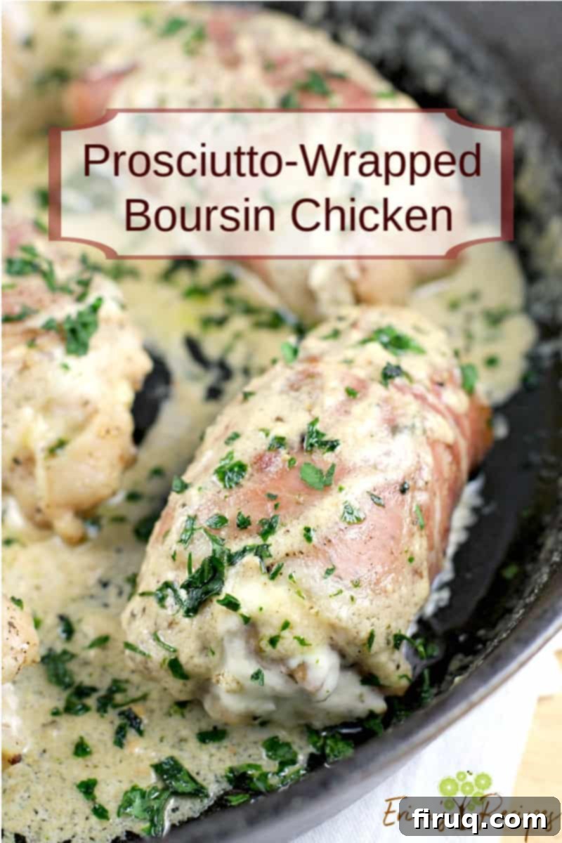 Gourmet Prosciutto-Wrapped Boursin Chicken 11 image for pinterest with overlay of recipe title