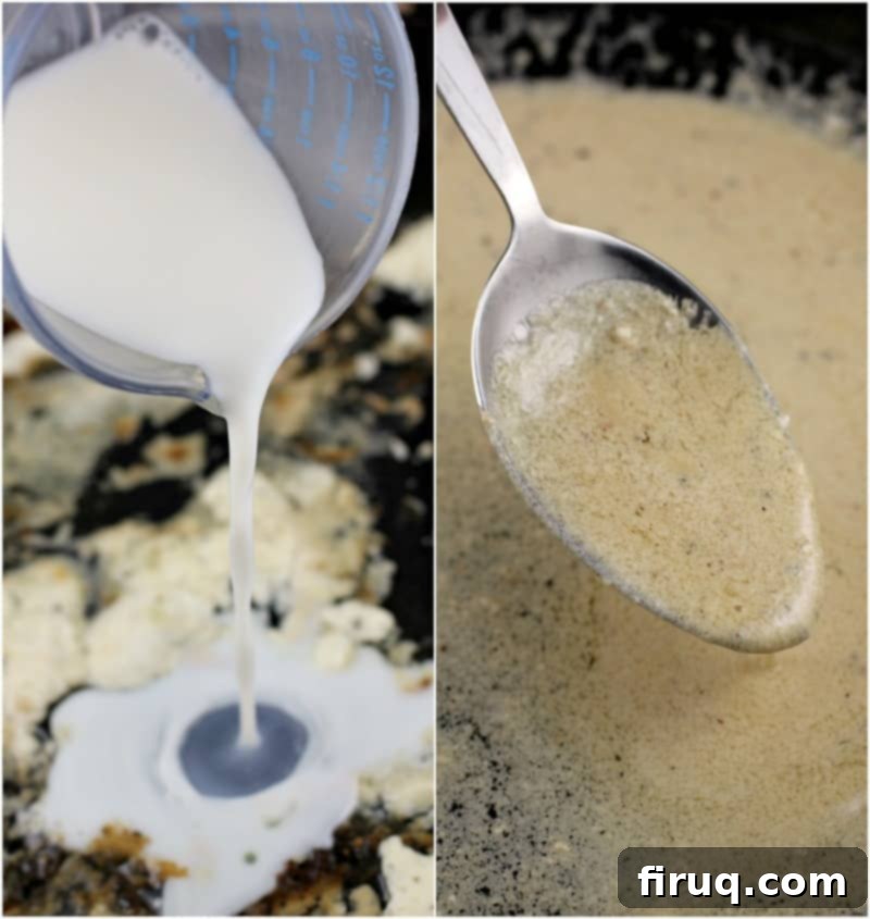 Gourmet Prosciutto-Wrapped Boursin Chicken 8 collage of 2 photos: left, milk pouring into a pan; right, spoon with cheese sauce