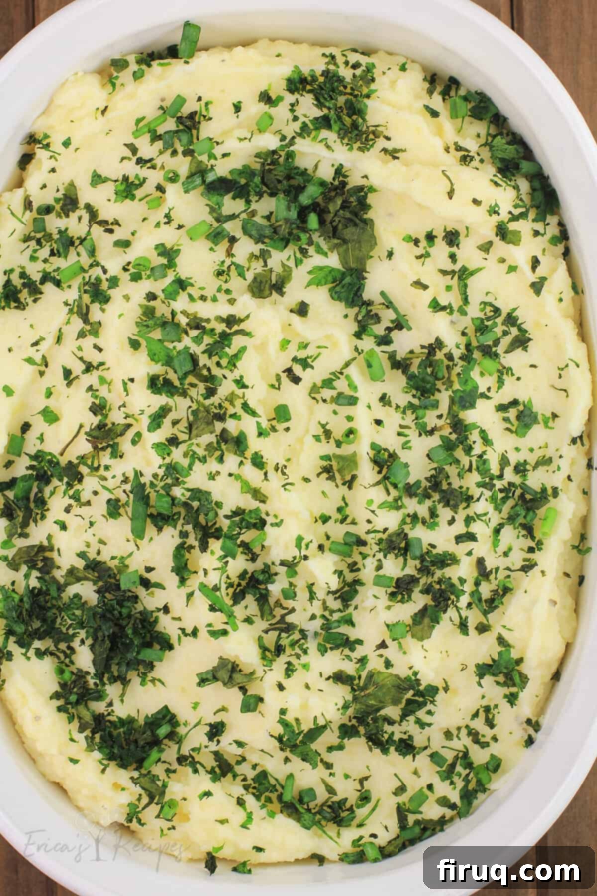 Decadent Boursin Mashed Potatoes 9 top down view of prepared recipe in white dish