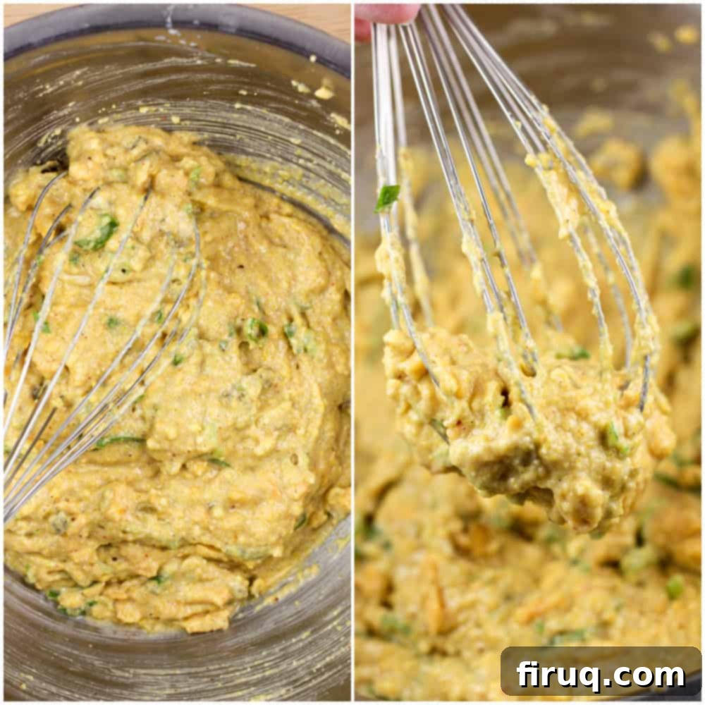 Southern Cornbread Layers 4 collage of 2 photos: left, jalapeno cornbread batter in metal bowl with whisk; right, whisk holding up batter to show consistency