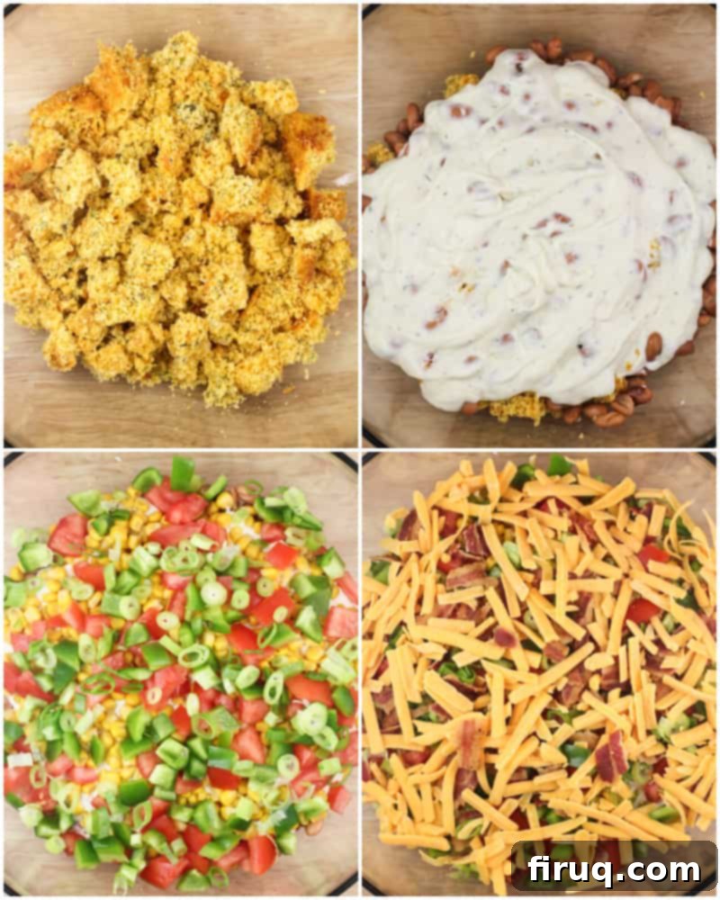 Southern Cornbread Layers 6 collage of 4 photos: top left; crumbled cornbread in glass bowl; top right; ranch over pinto beans in glass bowl; bottom left, layered green onion, tomato, and bell pepper; bottom right; layered cheese and bacon