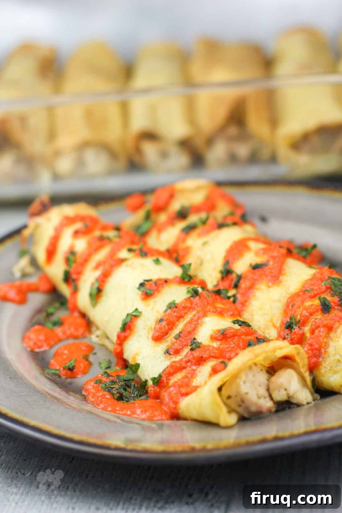 Savory Pesto Chicken Crepes 3 portion of prepared crepes on dish