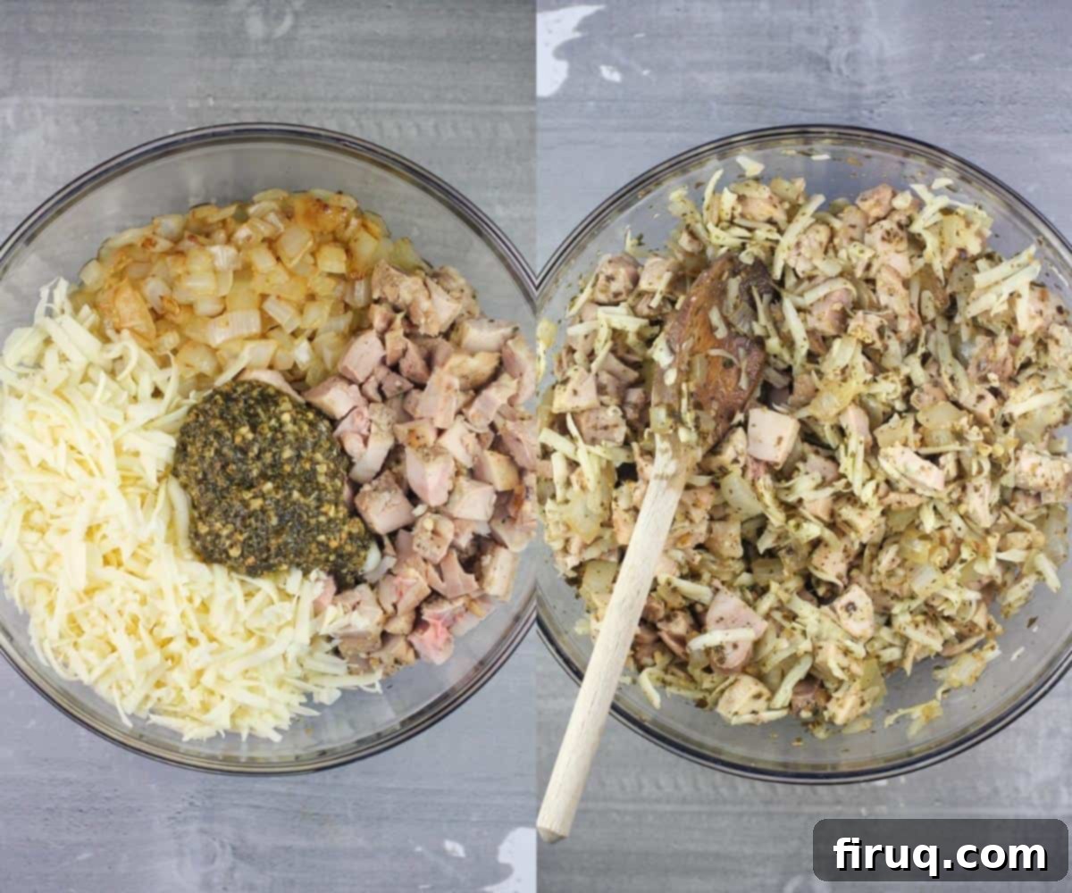 Savory Pesto Chicken Crepes 5 collage of 2 photos: left, filling ingredients in bowl; right, ingredients mixed with wood spoon
