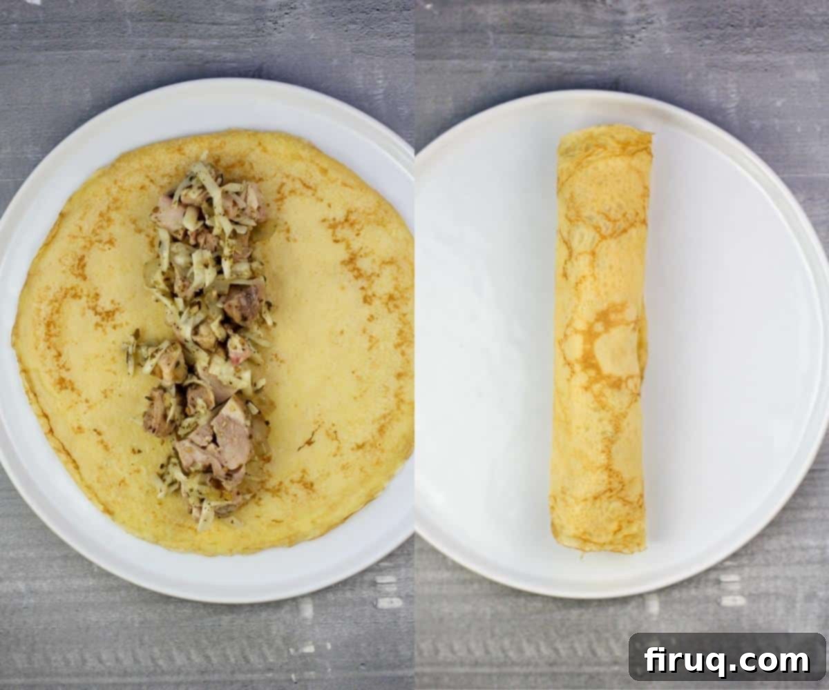 Savory Pesto Chicken Crepes 6 collage of 2 photos; left, filling on crepe; right, crepe rolled up around filling