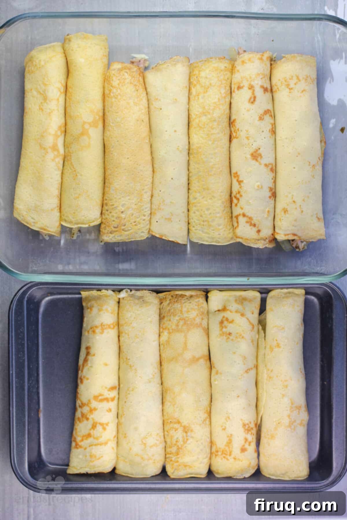 Savory Pesto Chicken Crepes 7 two pans filled with assembled crepes