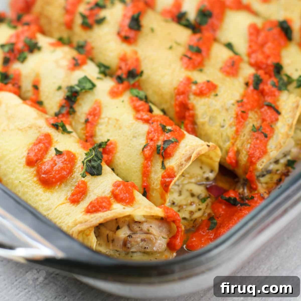 Savory Pesto Chicken Crepes 10 finished crepes in bake dish