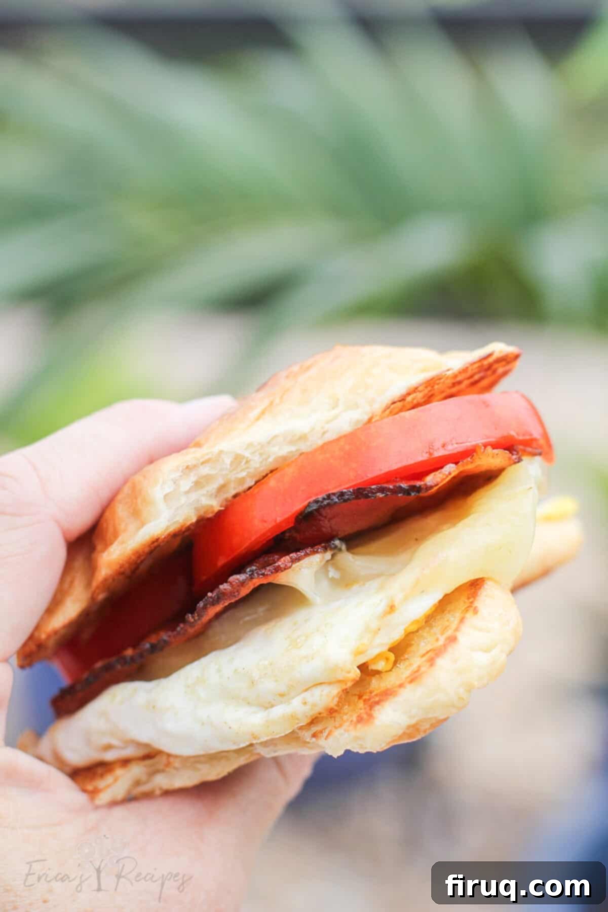 Blackstone Croissant Breakfast Melts 2 close side view of a hand holding a croissant breakfast sandwich