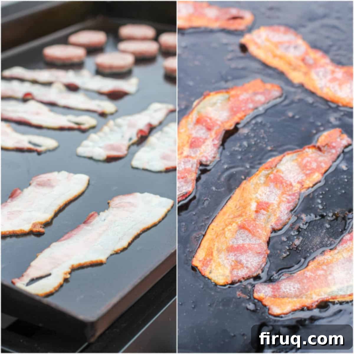 Blackstone Croissant Breakfast Melts 3 collage of 2 photos; left, raw bacon on griddle; right, cooked bacon on griddle