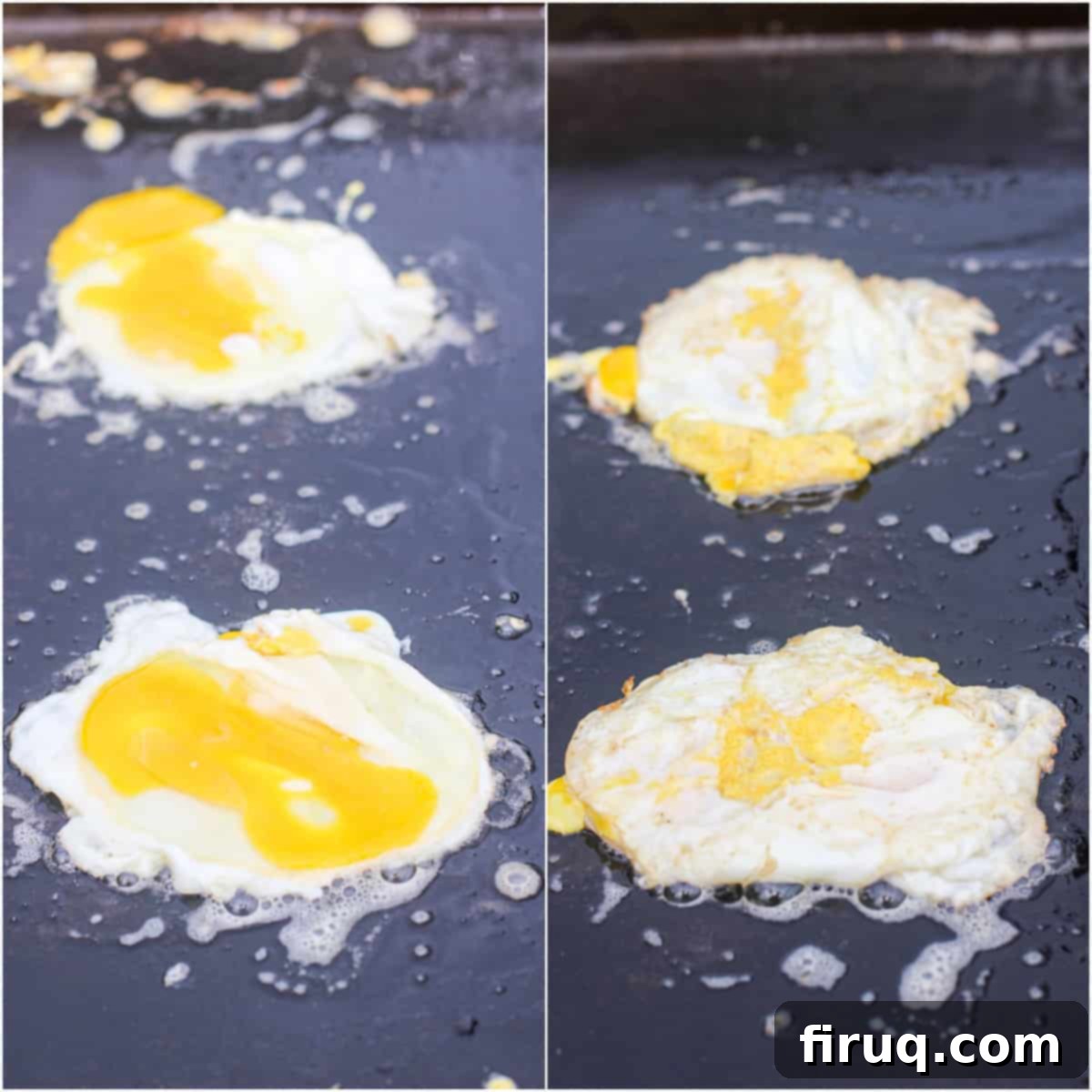 Blackstone Croissant Breakfast Melts 5 collage of 2 photos: left, 2 eggs cooking on griddle; right, eggs done and ready to come off griddle