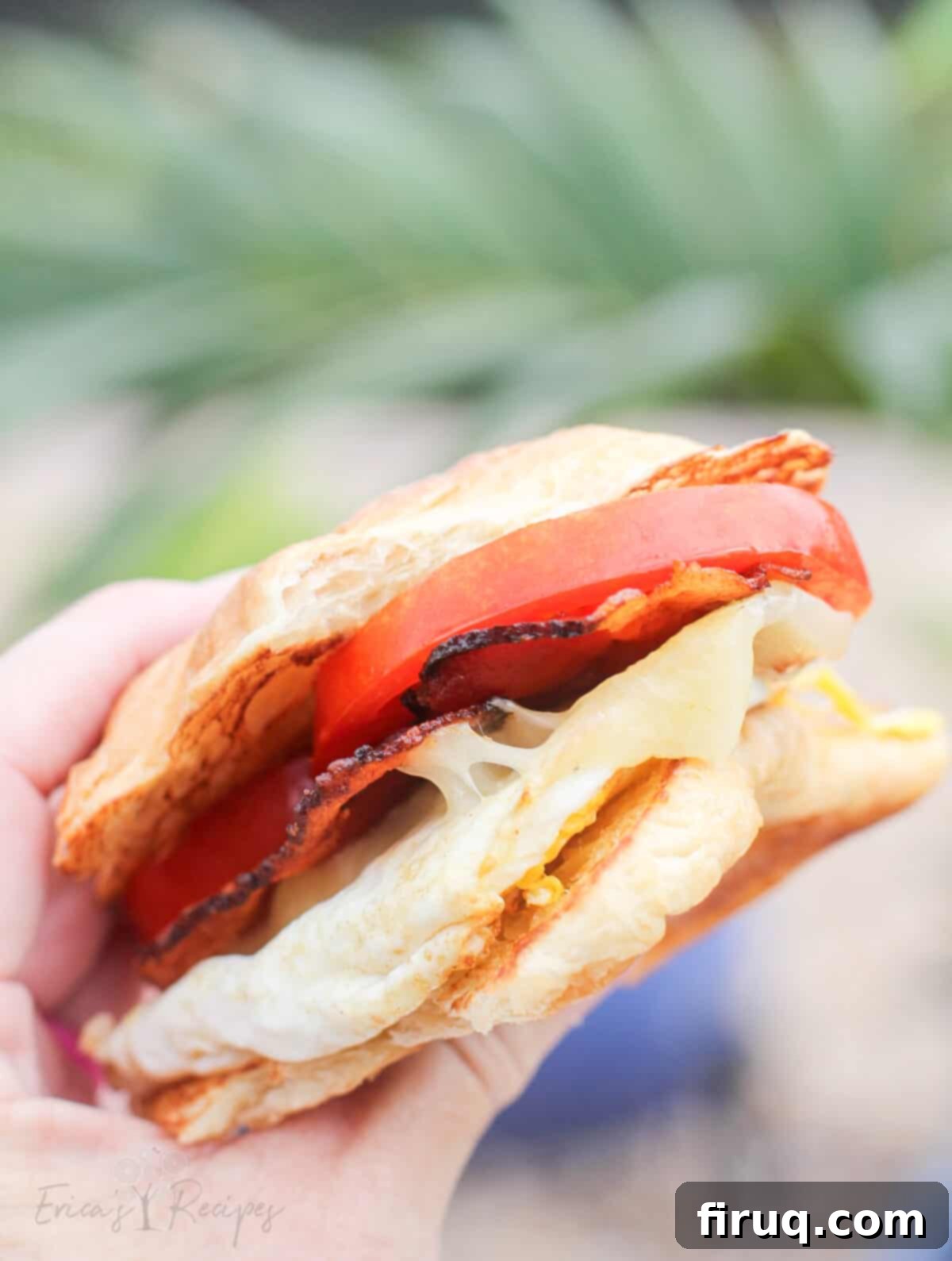 Blackstone Croissant Breakfast Melts 7 hand holding a croissant breakfast sandwich