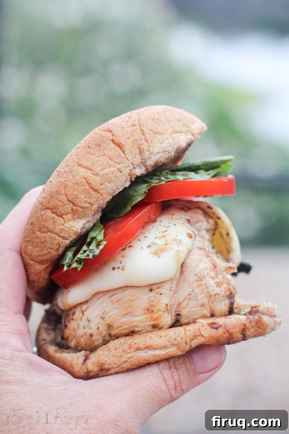 Grilled Chicken Caprese Sandwich 8 hand holding a grilled chicken caprese sandwich