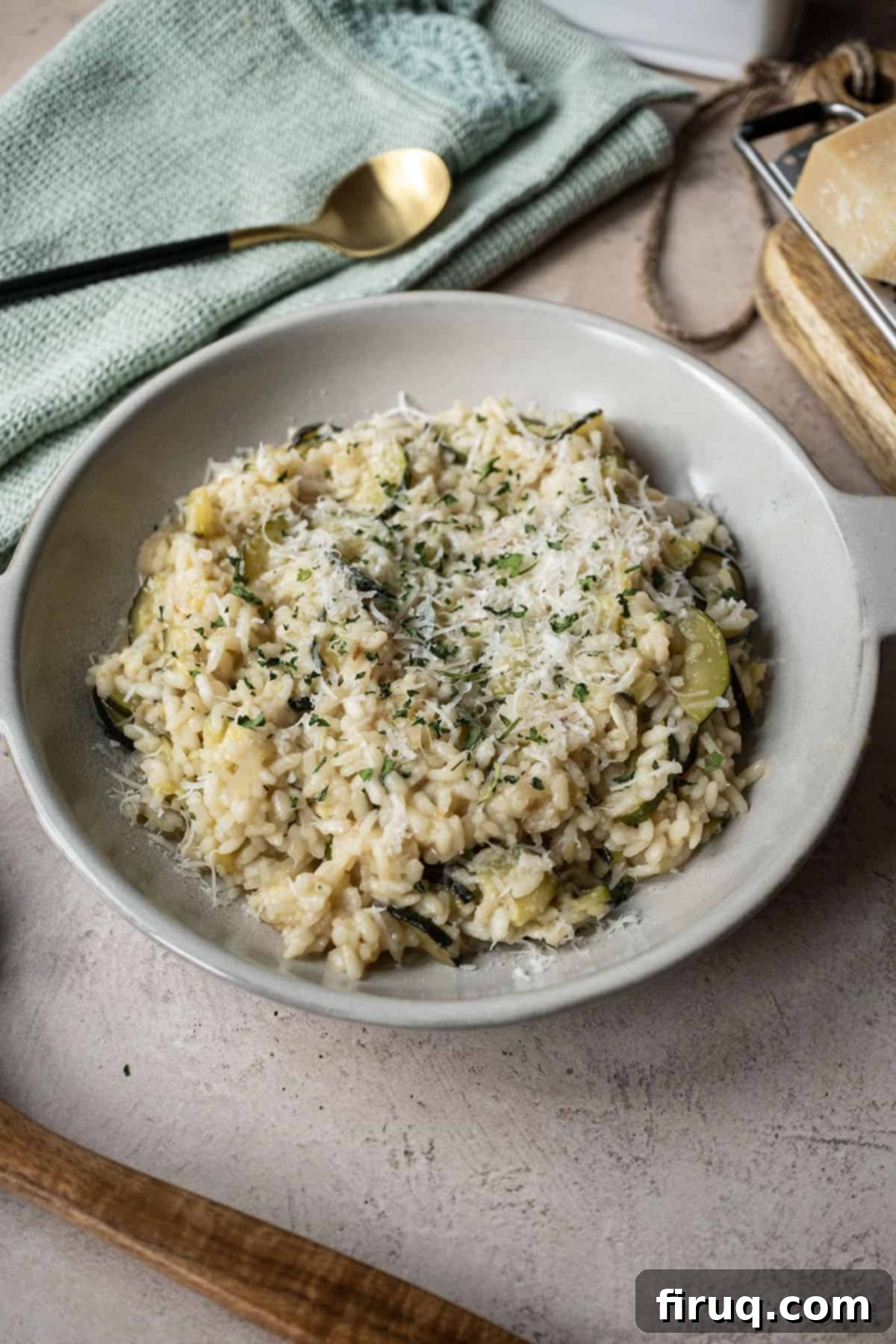 Creamy Zucchini Risotto 2 Zucchini risotto in a bowl topped with parmigiano and parsley, showcasing its creamy texture and fresh garnish.