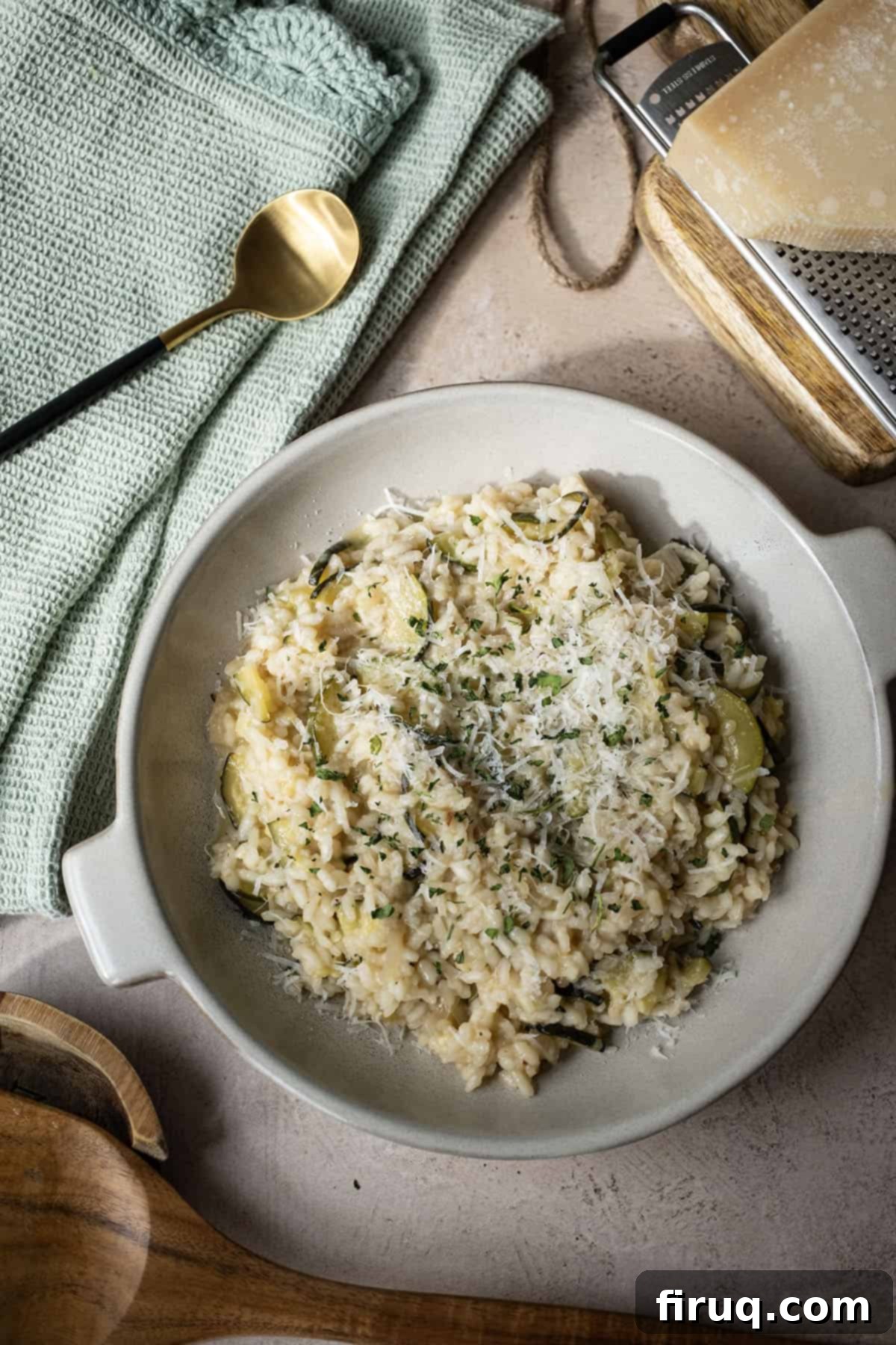 Creamy Zucchini Risotto 12 A beautifully plated bowl of creamy zucchini risotto, garnished with fresh herbs and grated Parmesan, ready to serve.