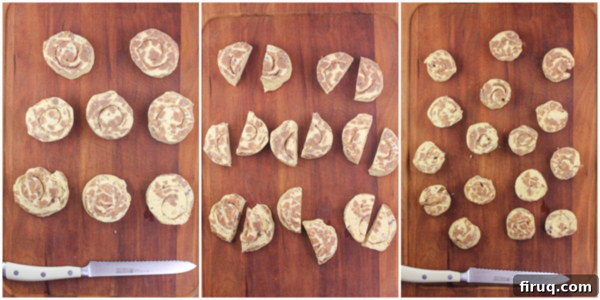 Cinnamon Swirl Sausage Bites 5 A collage showing Pillsbury cinnamon rolls: one still in the package, one cut in half, and a half piece formed into a new mini disk.
