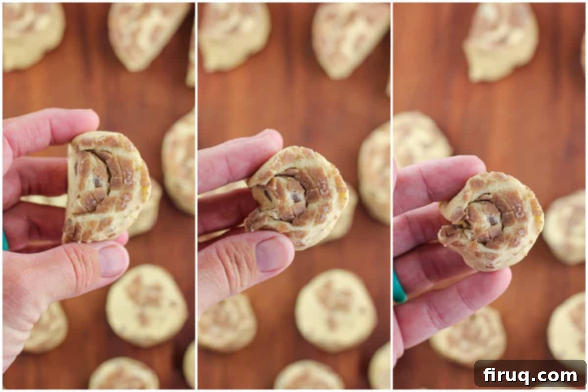 Cinnamon Swirl Sausage Bites 6 A collage of three photos demonstrating how to pinch a cut dough half into a new dough disk.