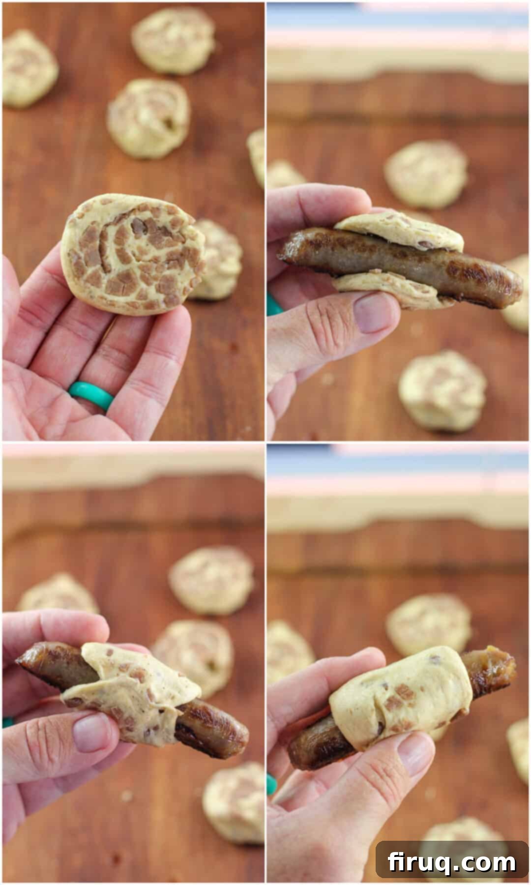 Cinnamon Swirl Sausage Bites 7 A collage of four photos demonstrating the wrapping process: upper left shows a dough disk, upper right shows dough wrapping around sausage, lower left shows sealed dough, and lower right shows a formed pig in a blanket before cooking.