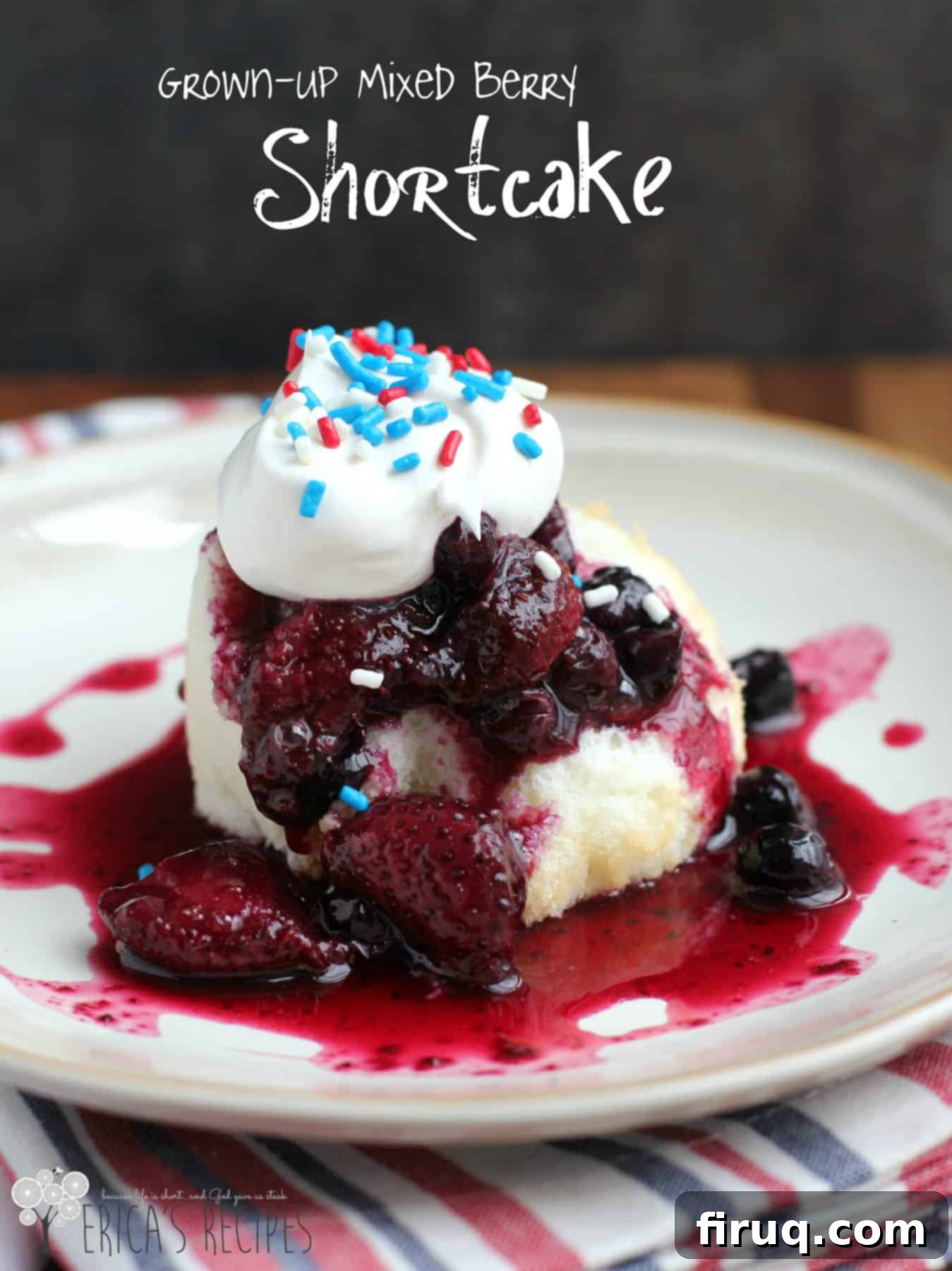 Elevated Berry Medley Shortcake 8 Grown-up Mixed Berry Shortcake! Sweet berries simmered with red wine to make a beautiful, elevated sauce to top light and sweet angel food cake. #food #recipe #dessert #shortcake #patrioticdessert