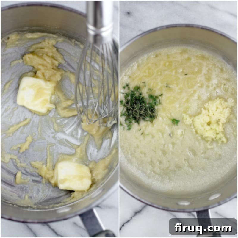 Beer-Infused Bacon Garlic Mac & Cheese 4 collage of 2 photos; butter and flour to make the roux; then adding the thyme and garlic (top down view)