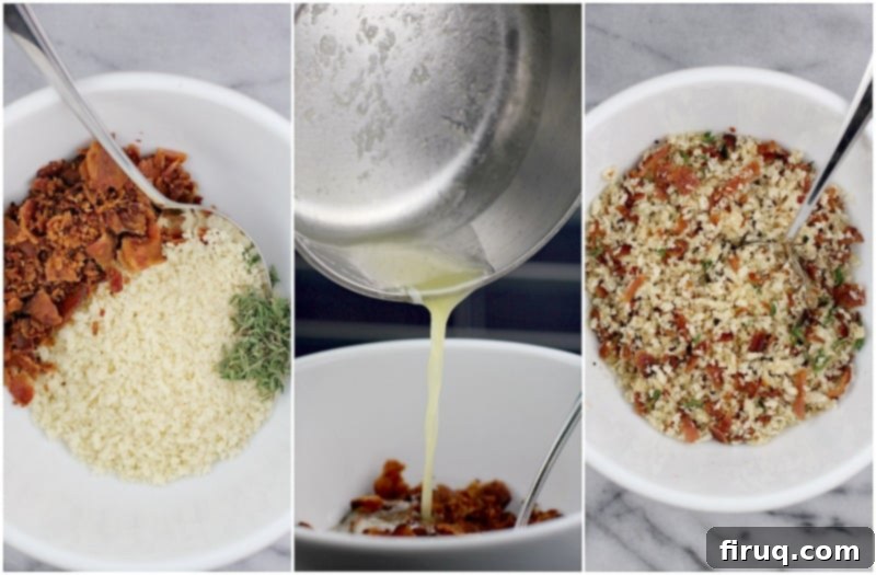 Beer-Infused Bacon Garlic Mac & Cheese 9 collage of three photos: bacon, panko, and thyme in a white bowl; side view of melted butter pouring into the bowl; combined ingredients with a spoon in a white bowl to show the finished topping