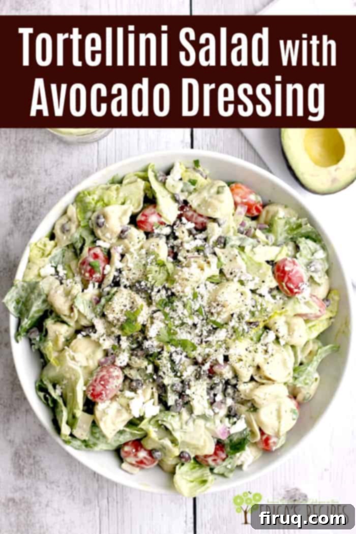 Creamy Avocado Tortellini Salad 8 Pinterest-ready image with text overlay: 'Tortellini Salad with Avocado Dressing' over a beautiful shot of the salad, perfect for sharing on social media
