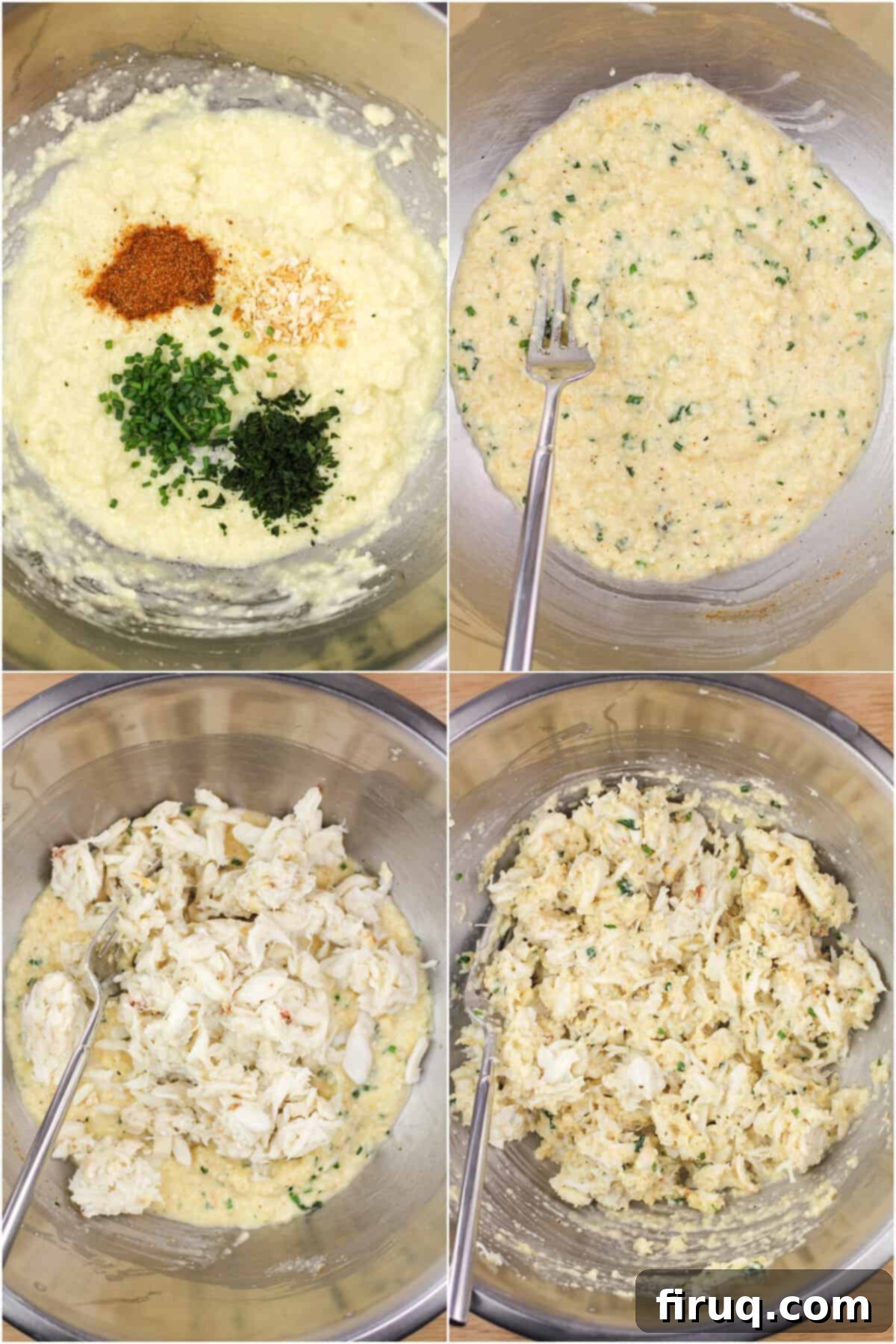 Gourmet Crab Stuffed Salmon 5 collage of 4 photos making the stuffing: adding herbs and seasonings to the binder; that mixture combined; adding crab; final stuffing
