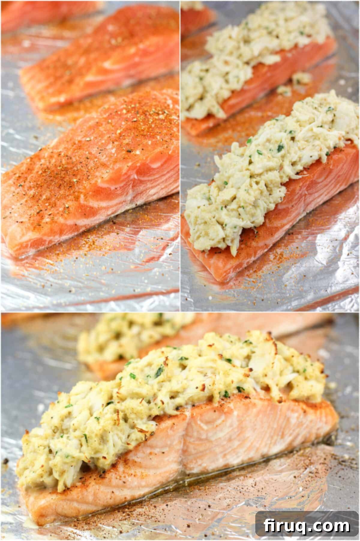 Gourmet Crab Stuffed Salmon 6 collage of 3 photos: uncooked seasoned salmon on bake sheet; salmon topped with stuffing; cooked stuffed salmon