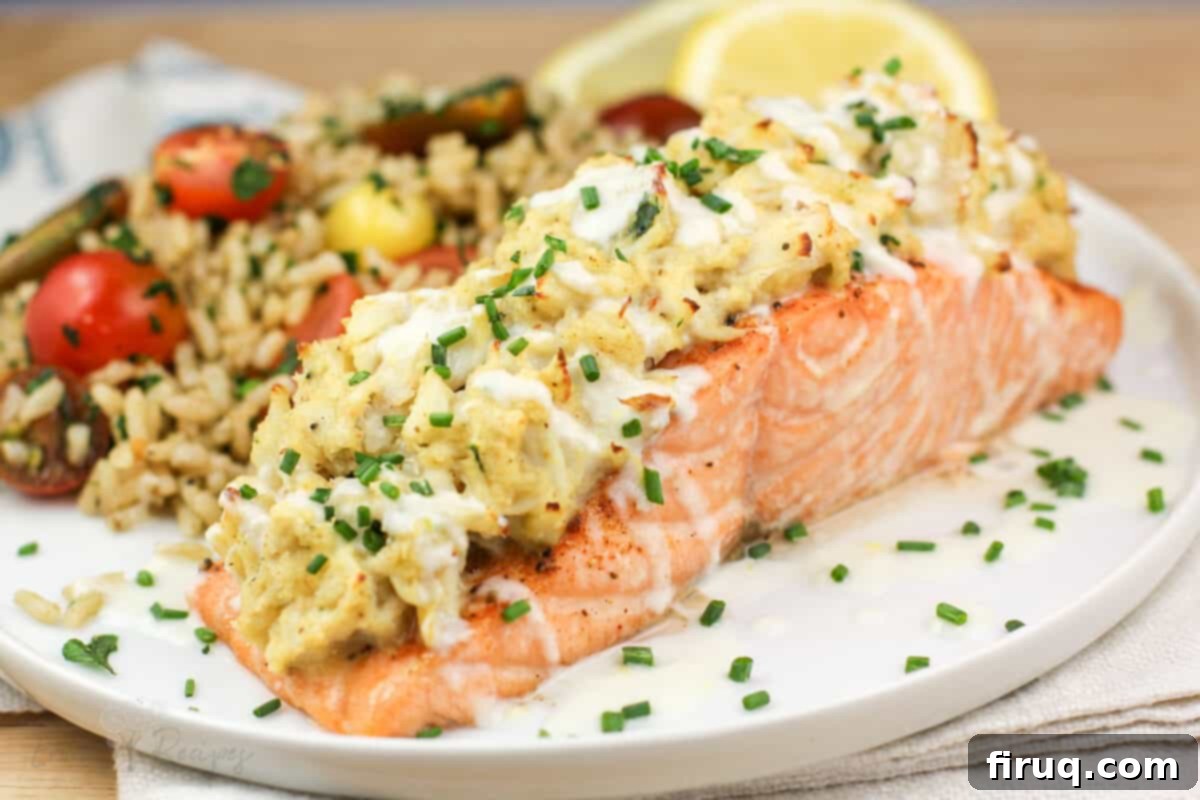 Gourmet Crab Stuffed Salmon 7 side view assembled stuffed salmon on white plate