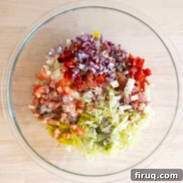 Chopped Italian Sub 4 Combined vegetables and meat for the salad.