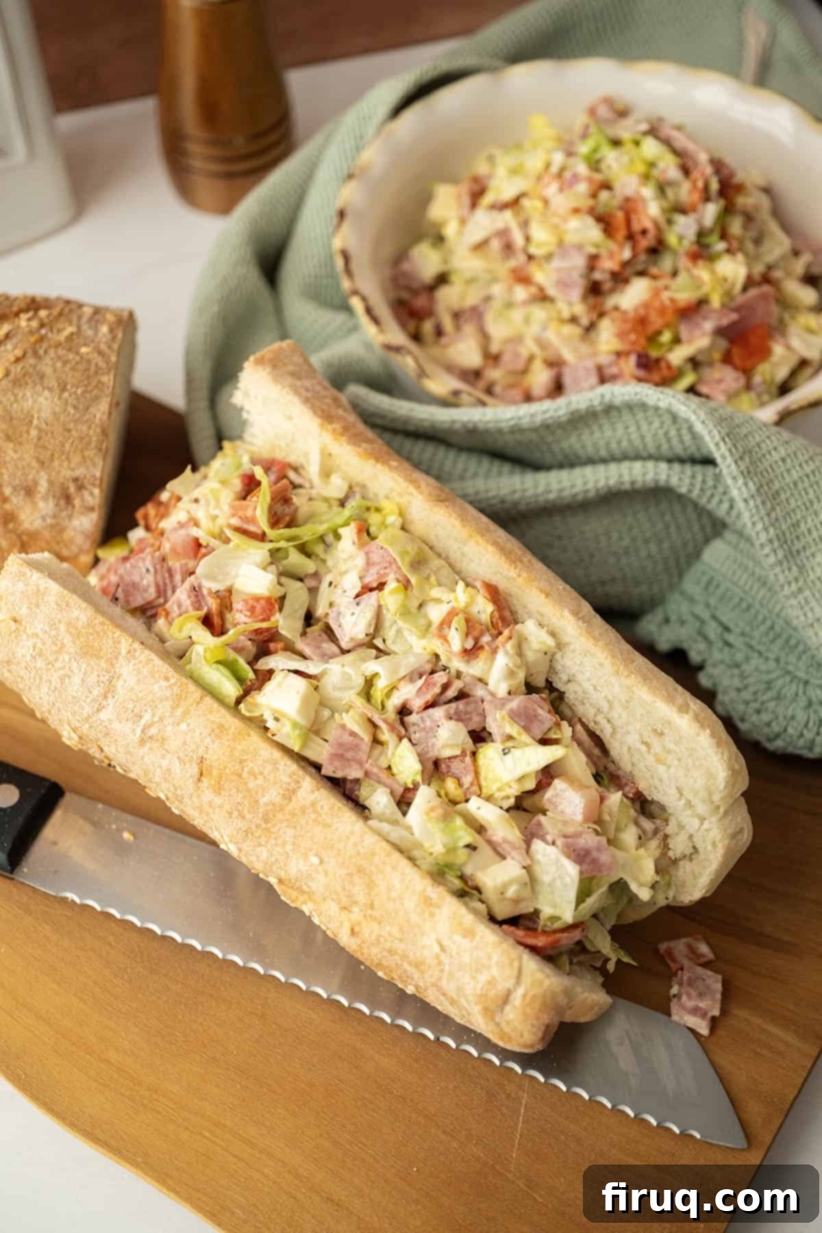 Chopped Italian Sub 8 Chopped Italian salad in an sandwich roll with a bowl of the salad behind.