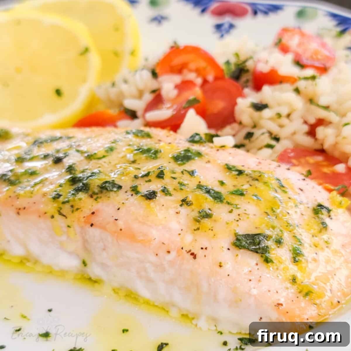 Easy Toaster Oven Salmon with Lemon Basil Butter 3 plated recipe on plate with sliced lemon and rice