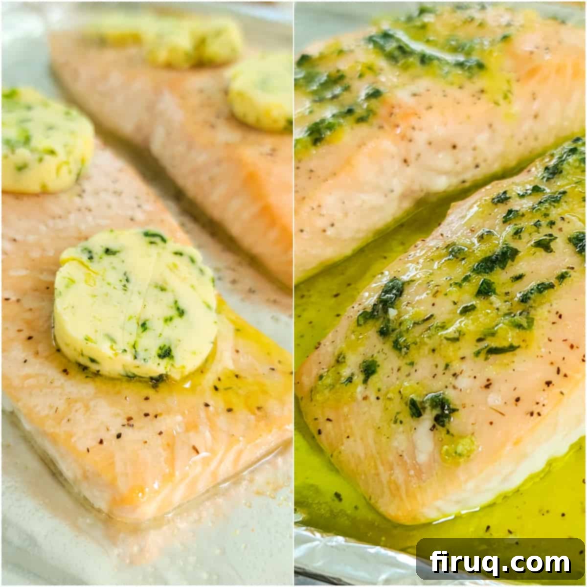 Easy Toaster Oven Salmon with Lemon Basil Butter 6 collage of 2 photos: sliced lemon basil butter on cooked salmon; melted compound butter on salmon