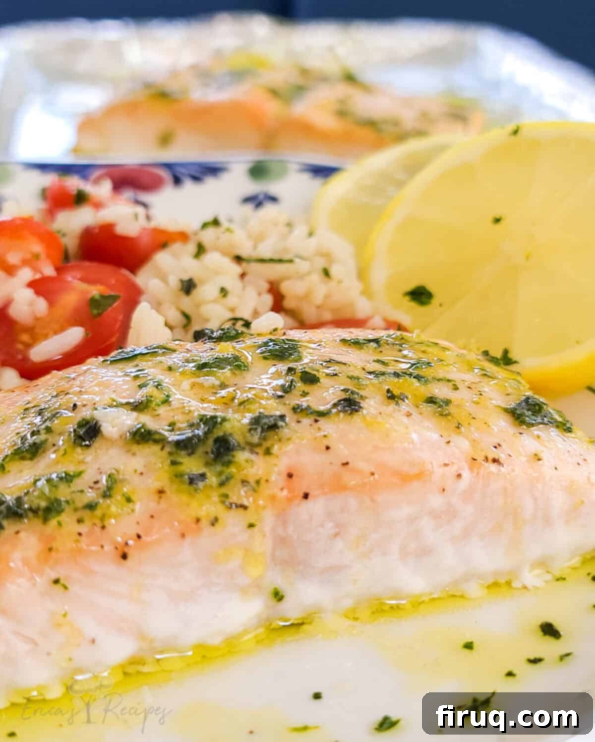Easy Toaster Oven Salmon with Lemon Basil Butter 7 close, side view of cooked recipe serving on plate