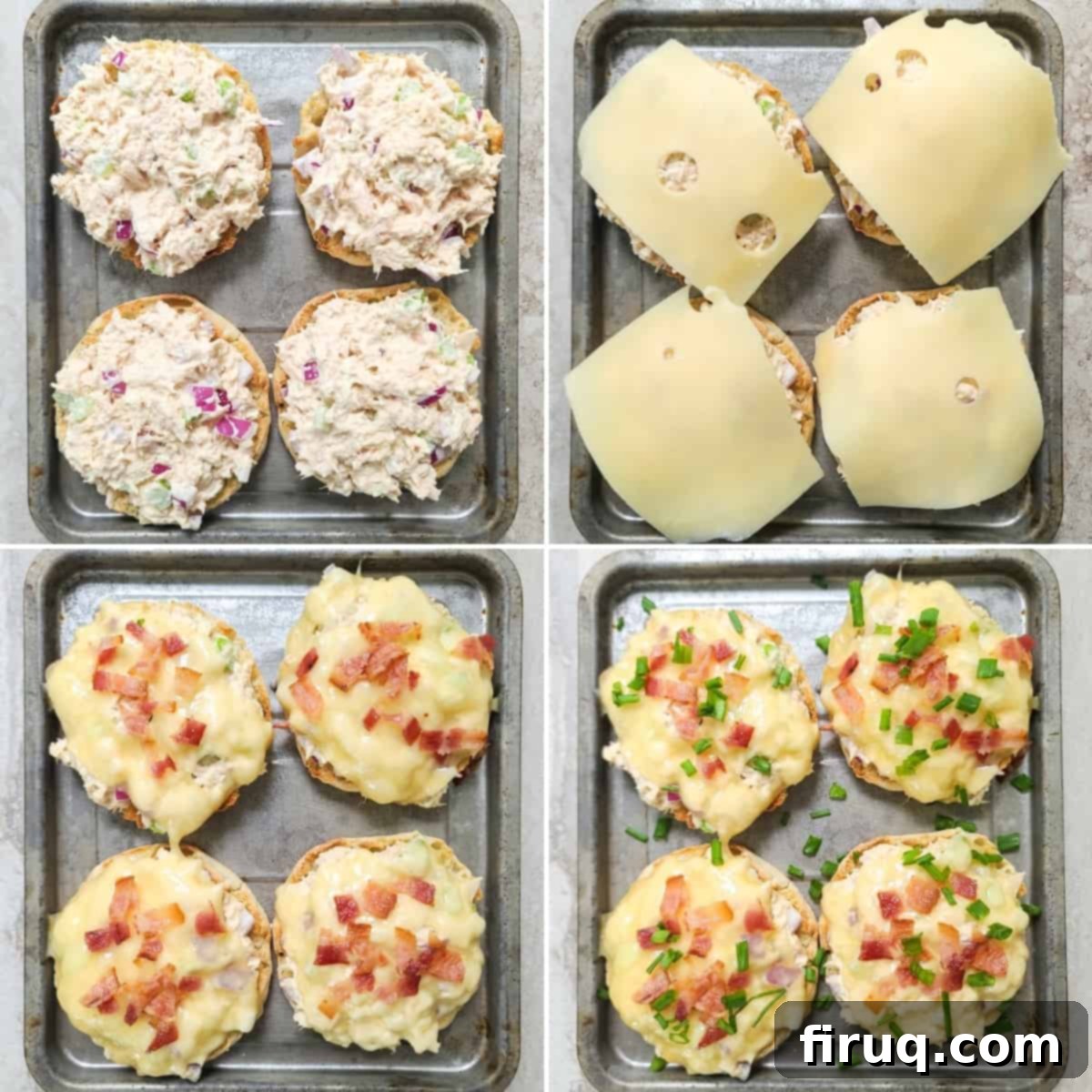 Crispy Bacon Tuna Melt 4 collage of 4 photos showing assembly of recipe: tuna salad on 4 halves of English muffins; topped with cheese; topped with bacon; topped with chives