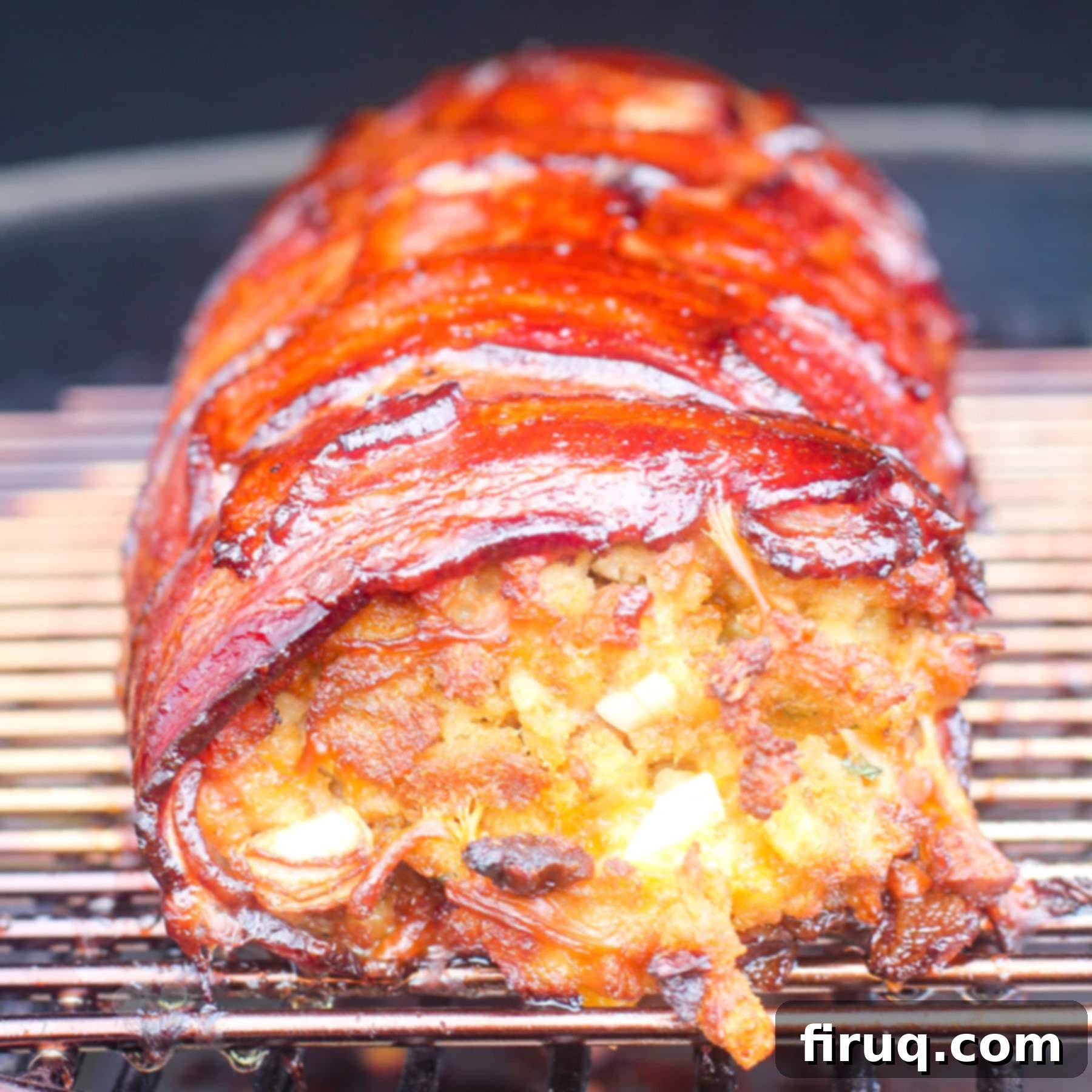 Smoked Bacon Wrapped Meat Log 11 bacon wrapped smoked fatty, close view