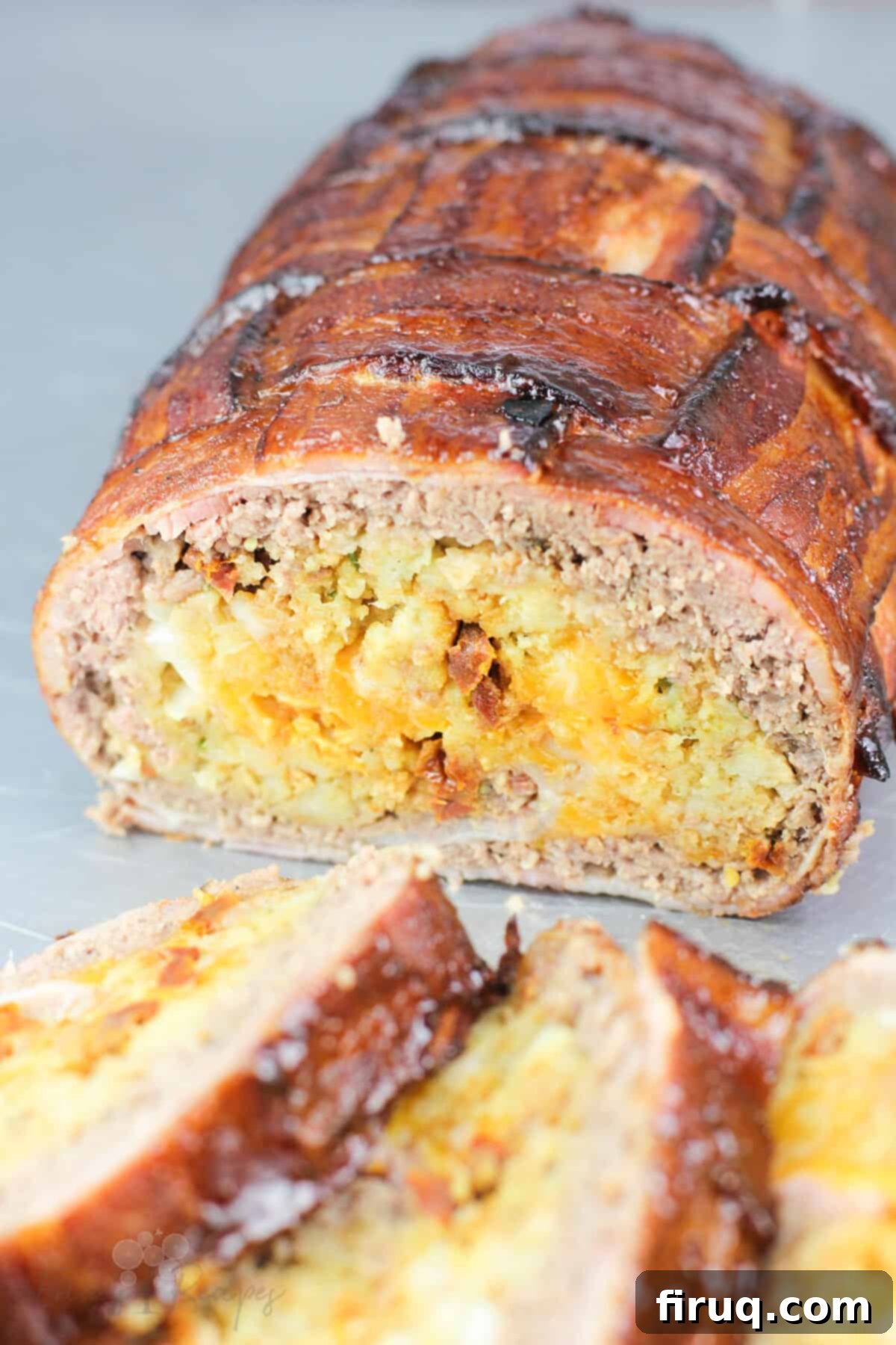 Smoked Bacon Wrapped Meat Log 3 fatty sliced to how cross-section and filling