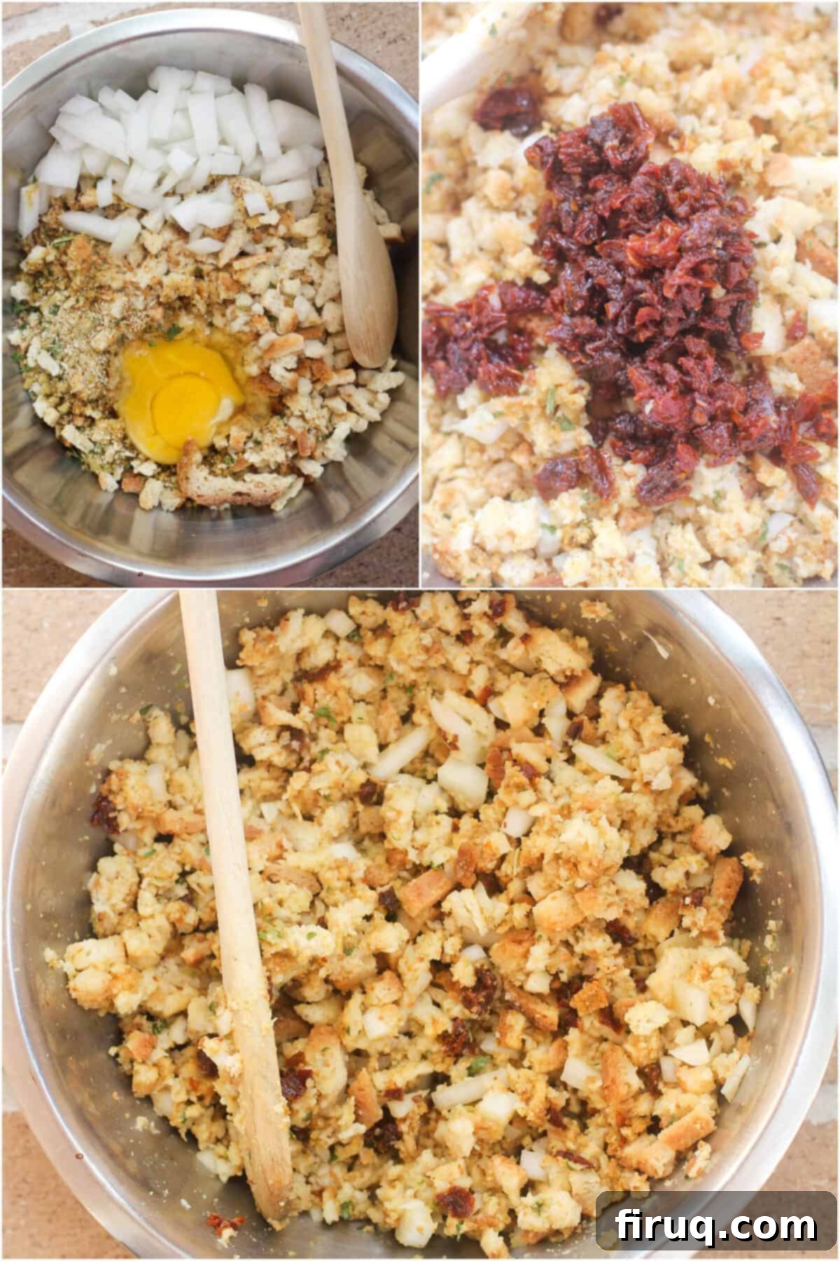 Smoked Bacon Wrapped Meat Log 4 collage of 3 photos: stuffing ingredients, chopped sun-dried tomato, prepared stuffing
