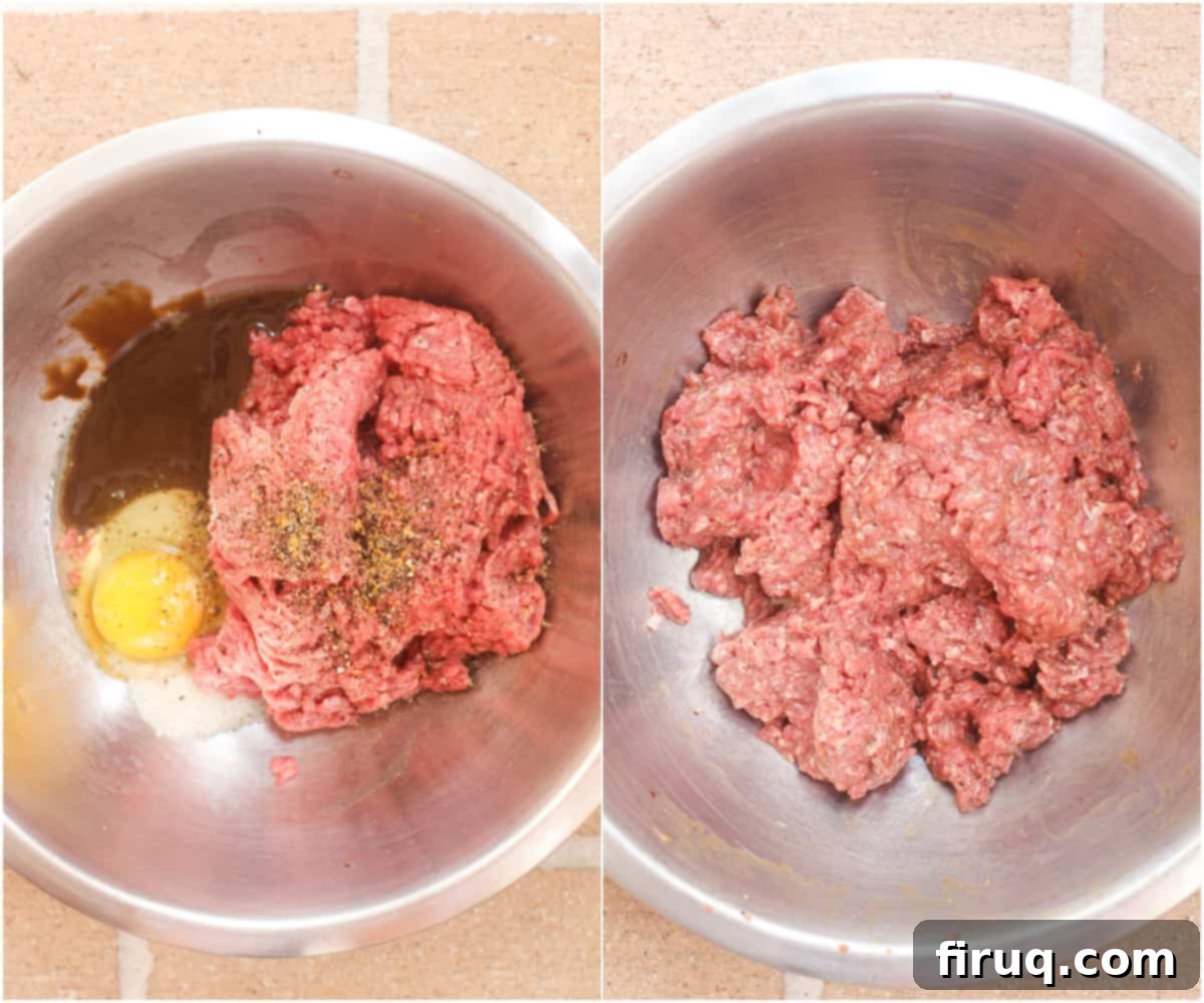 Smoked Bacon Wrapped Meat Log 5 collage of 2 photos: ingredients for the beef mixture in metal bowl; ingredients combined