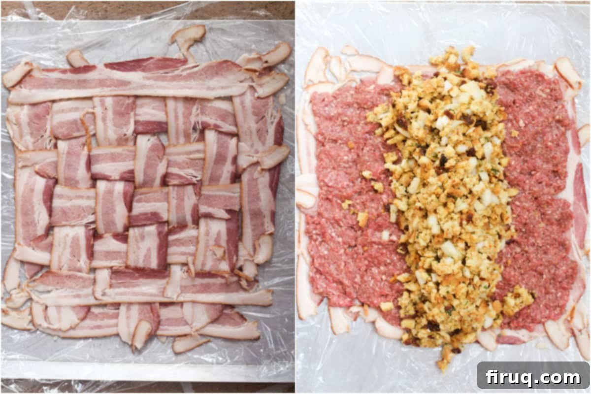 Smoked Bacon Wrapped Meat Log 6 collage of 2 photos: bacon weave on plastic wrap, on metal bake sheet; bacon weave topped with beef mixture and stuffing