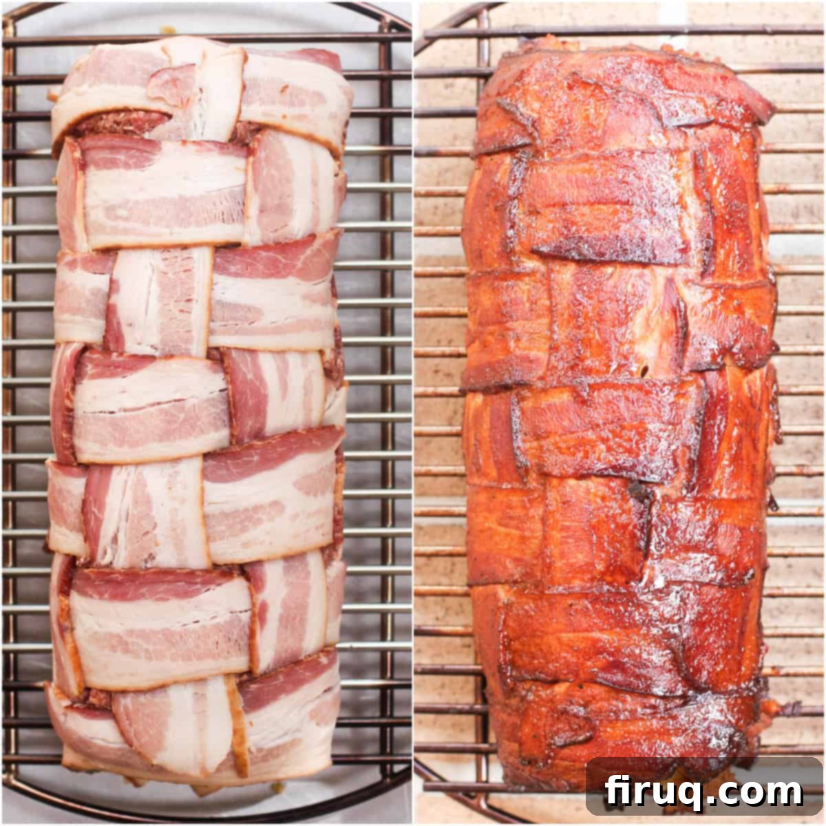 Smoked Bacon Wrapped Meat Log 8 collage of 2 photos showing assembled fatty before and after cooking