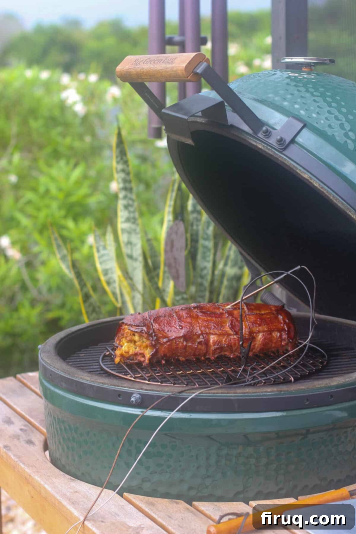 Smoked Bacon Wrapped Meat Log 9 open Big Green Egg with smoked fatty; probe inserted in the meat