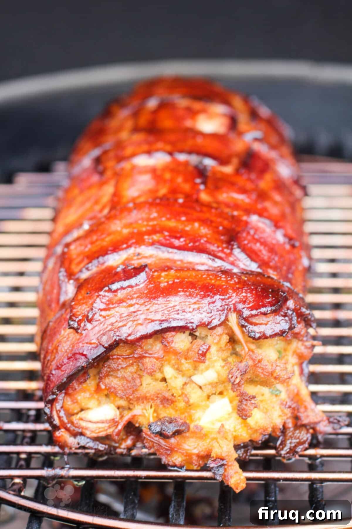 Smoked Bacon Wrapped Meat Log 10 prepared recipe on grill grate